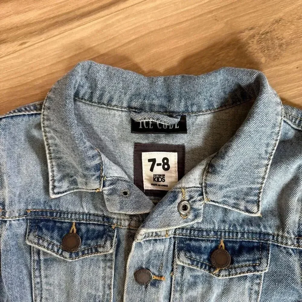 Cotton On Kids Blue Button Down Ice Cube Denim Trucker Jean Jacket Size 7-8